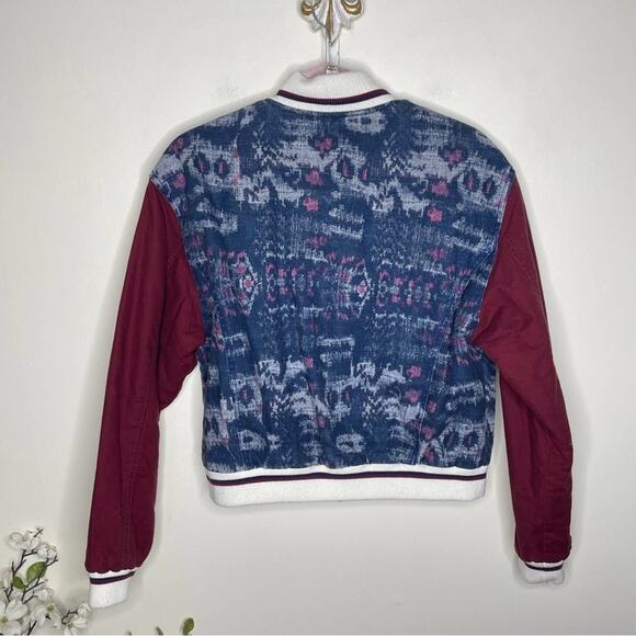 FREE PEOPLE Varsity of Dreams Bomber Jacket Denim Maroon - Picture 5 of 7